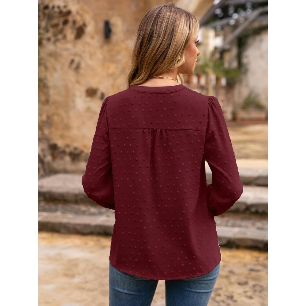 Womens Long Sleeve Polyester Blouse V-Neck Swiss Dot Casual Business Wear - Picture 6 of 6